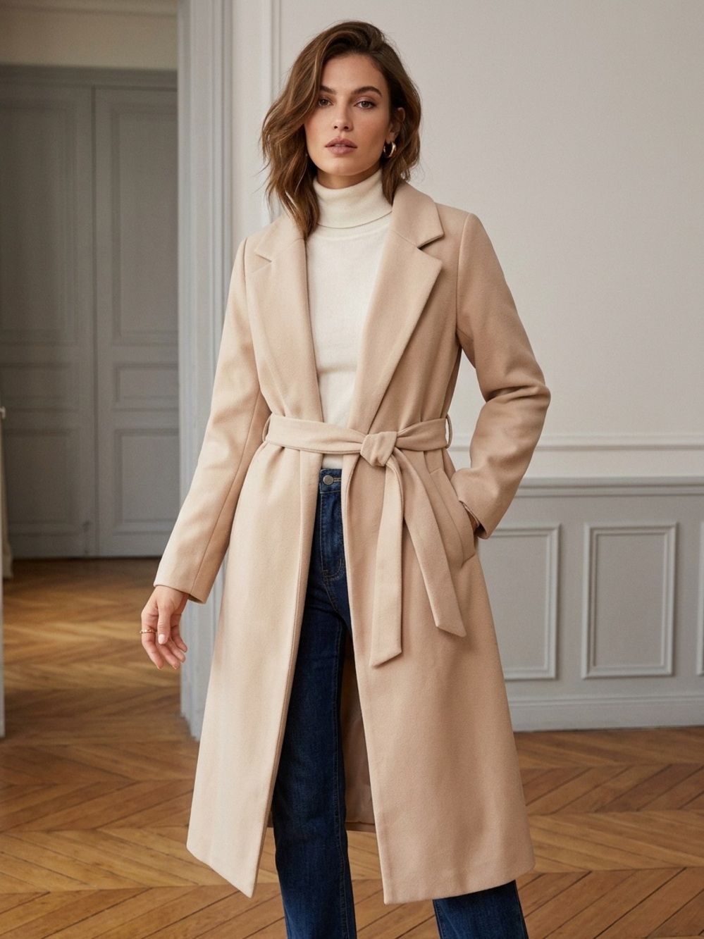 Belted Long Wrap Felt Feeling Coat in Beige - Women's